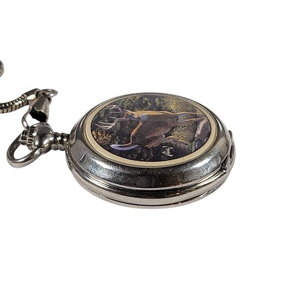 Vintage Wildlife Pocket Watch with Deer Art Design, 14" Chain, Silver-Tone Works - Picture 5 of 14